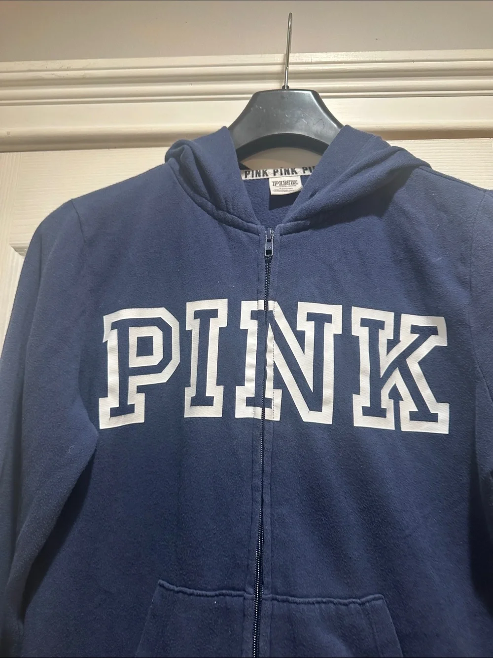 PINK Victoria's Secret Navy Full-Zip Hoodie with White Logo